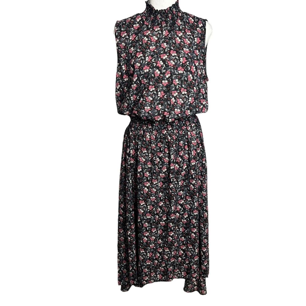 Nanette Lepore Women Black SZ 12 Sleeveless high Mock Neck Hi low Floral Dress - Picture 3 of 9